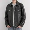 Chaqueta de cuero PU elegante para hombre de otoño con cuello de solapa, chaqueta de cuero vintage agrietada de trabajo, chaqueta corta tipo biker de corte holgado para uso diario