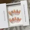 Estilo Francês Desejo Puro Laço Strass Gradiente Blush Comprimento Médio Unhas Usáveis Feitas à Mão Manicure Feita à Mão Unhas Postiças