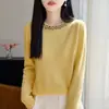 Suéter de Punto de Lana Pura para Mujer 2026 Otoño/Invierno Nuevo Cuello Redondo Manga Larga Color Sólido Cosido a Mano con Pedrería Top Holgado Tendencia