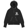 Chaqueta con capucha estilo retro americano con cuello grande de piel de mapache, estampado de patrón de calavera, bordes deshilachados, diseño desgastado y doble cremallera