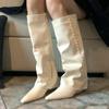 Faça suas pernas parecerem mais finas! Meia-calça branca com botas 2023 Nova celebridade da internet garota cheinha botas de salto plataforma bico fino até o joelho para mulheres