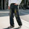 Jeans masculino estilo americano, lavagem desgastada com respingos de tinta, estilo sujo e fluido, perna reta, casual, confortável, design único, versátil