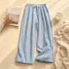 Pantalones de pierna ancha a cuadros estilo coreano que no aprietan el estómago, holgados y casuales, en un estilo relajado, talla grande, adecuados para caminar, versátiles para usar en casa y al aire libre.