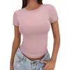 2025 Transfronterizo Casual Verano Versátil Ajustado Cuello Redondo Alto Camiseta Manga Corta Delgado Chica Caliente Tops Europeos y Americanos Efecto Adelgazante