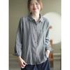 Foto Oficial Original Otoño Nuevo Algodón Doble Velo Camisa de Manga Larga para Mujer Top Retro Rayas Verticales Teñido en Hilo
