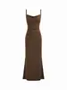 Vestido Sexy de Espalda Descubierta con Tirantes Finos Estilo Francés para Mujer con Escote Drapeado, Incrustaciones de Encaje, Corte Ajustado y un Vestido Largo Sirena de Estilo Puro Deseo