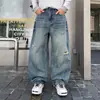 Jeans de alta qualidade com lavagem desgastada e rasgos para homens, nova marca da moda de outono, estiloso e descolado, calça de corte solto e comprimento até o chão