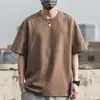 Camiseta masculina de algodão puro para o verão, cor sólida, top solto, roupas duráveis, camiseta de manga curta, estilo Hong Kong, camiseta básica