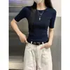 Camiseta básica azul marino de manga corta estilo coreano para mujer, camiseta base de verano de alta elasticidad ajustada de manga media, top simple que ciñe la cintura