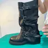 Hebilla de cinturón botas de motocicleta 2026, tacón grueso, estilo nuevo, caña ancha, botas de moda, botas largas apiladas de suela gruesa para mujer