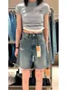 Shorts de Mezclilla Azules Rasgados para Mujer, Estilo Delgado de Verano, Tallas Grandes, Cintura Alta, Adelgazantes, Cuerpo Forma de Pera, Shorts de Cinco Puntos Pierna Ancha de Longitud Media