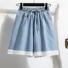 Foto Real de Shorts de Mezclilla Dulces y Picantes Chic para Mujer, Verano de Cintura Alta, Adelgazantes, Pierna Ancha, Línea A, Tallas Grandes, Versátiles, Petite, con Adorno de Encaje