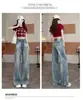 Calça jeans reta vintage lavada com efeito desgastado para mulheres, tamanho petite 150cm, caimento solto, afina a silhueta, cintura alta, perna larga, comprimento até o chão