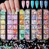 Lentejuelas mixtas para uñas, 12 cuadrículas, copos de nieve fluorescentes, traje mixto, purpurina, polvo, esmalte de uñas, pegamento, joyería transfronteriza