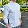 Camiseta blanca de manga larga para hombre, estilo americano, peso pesado, 100% algodón, cuello semi-alto, color liso, corte holgado, versátil y moderna para primavera y otoño