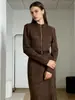 Moda Europeia e Americana de Primavera e Outono Elegante Zíper Gola Alta Camurça Sintética Vestido Simples Francês Fenda Longa Vestido