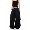 Pantalones Cargo Negros Rectos con Cordón para Mujer de Tallas Grandes para Mujeres Gorditas mm Cintura Alta Holgados Casual Americano Pierna Ancha