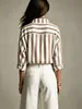 Camisa Feminina de Chiffon Plus Size Listrada Retro de Manga Longa, Novo Estilo Transfronteiriço Europeu e Americano, Solta, Estilo Férias, Camisa de Praia