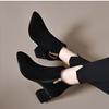 Botas Curtas Forradas com Lã Estilo Francês com Zíper Lateral para Mulheres 2026 Outono e Inverno Nova Moda Bico Fino Salto Grosso Elegante Botas para Mães
