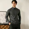 Camisa básica elegante preta de gola semi-alta para homens, algodão puro, gola média, manga longa, corte solto, camiseta masculina para primavera e outono