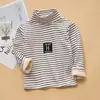 Roupa Íntima Térmica Infantil para Meninos Camada Base Fleece Espessado Estilo Coreano Top Listrado Inverno Camiseta Térmica de Gola Alta para Meninas