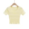 Camiseta de manga corta de punto con encaje hueco de estilo europeo y americano para mujer, top corto ajustado de verano