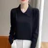 Camiseta básica de punto con cuello polo para otoño e invierno para mujer, suéter pullover casual holgado de manga larga con un diseño elegante