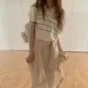 Tallas actualizadas disponibles: Top de punto fino a rayas con cuello polo de manga corta, nuevo estilo de verano chic coreano para mujer