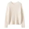 Blusa feminina de seda de amoreira, gola redonda, estilo pull-over, manga longa, com padrão de tricô torcido, feita de caxemira pura, cor sólida, design simples, macia e confortável de usar