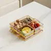 Prato de frutas de vidro de luxo leve, prato criativo dividido para lanches na sala de estar da casa, prato de lanches de frutas secas, prato de sobremesa, prato de frutas e doces