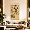 Pintura Pendurada de Bambu Dupla Felicidade Estilo Chinês Novo Pintura Decorativa Pássaro-Pica-Pau Bambu Tecido Não Tecido Sala de Estar Estudo Entrada Pintura Pendurada