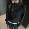 Jaqueta Cardigan Preta com Zíper Duplo e Gola Alta Feminina Outono Inverno Mistura de Lã Emagrecedor Coreana Simples Top Escovado