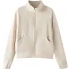 350g Terciopelo de Doble Cara Parche de Bolsillo Patchwork Cuello Alto Cardigan con Cremallera Moda Casual Versátil Elegante Chaqueta para Mujer