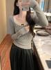 Camiseta de encaje con cuello en V y manga larga 2024 otoño nuevo slim adelgazante chica hot sexy top puro con forro polar