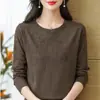 Camiseta base de cuello redondo bordada, nueva moda primavera y otoño, elegante de manga larga, top de punto liso que rejuvenece para mujer, morado
