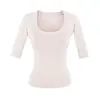 694-Camiseta Fashionável Estilo Europeu e Americano com Gola U e Manga Média para Mulheres Nova Coleção Primavera e Verão 2026 Top Básico Sexy Emagrecedor