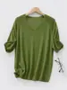 Verão Gaze Washi Linho Decote V Manga Curta Feminino Respirável Amigo da Pele Solto Emagrecedor Francês Suave Commute Temperamento Blusa