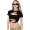 Ropa de mujer de estilo europeo y americano de verano 2024, nueva moda de color sólido, top corto ahuecado de manga corta ajustado sexy para mujer