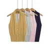 Chaleco Cardigan de Punto con Cuello Halter para Mujer Verano 2025 Nuevo Estilo Sexy Americano Color Sólido Cuello en V Chaleco de Botones