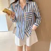 Toma Real de Ropa Femenina de Comercio Exterior: Elegante Ropa Nueva de Otoño para Mujer, Camisa de Gasa Rayada con Solapa, Cárdigan, Camisa, Camiseta Básica