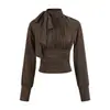 Roupas Femininas Transfronteiriças Europeias e Americanas Novo Estilo Elegante Laço Manga Longa Design Camisa Camiseta Damasco Francês Tops Femininos