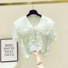 Camisa de verano para niñas, cuello de muñeca, floral, manga corta, 2023, nueva, para niños medianos y grandes, con encaje de gasa, pétalos estéreo, de moda