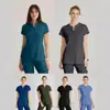 Amazon Gown Cirúrgico Elástico Gola V Manga Curta Conjunto de Uniforme de Enfermeira Hospitalar Azul Escuro Estilo Coreano Scrub Suit Atacado
