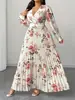 Comércio Exterior Transfronteiriço Europeu e Americano Tamanho Plus Outono 2026 Novo Vestido Elegante de Gola V com Estampa Floral de Comprimento Médio