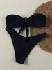 Bikini Negro Strapless de Nuevo Estilo Europeo y Americano 2025 Sexy Traje de Baño con Lazo Dividido para Mujer Artículo Popular Transfronterizo