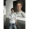 Sudadera cárdigan de cuello alto a rayas blancas y grises para hombre, chaqueta deportiva casual de primavera, chaqueta resistente estilo americano para pareja