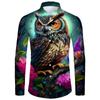 Camisa masculina da moda estilo europeu e americano transfronteiriça gola lapela solta casual manga longa cardigã top com estampa digital de coruja