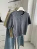 Suéter cárdigan de punto para mujer, manga corta, cuello redondo retro, de lunares, top, nuevo estilo de principios de otoño 26, serie gris, para mujeres petite