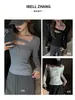 Camisa de Base Selecionada com Cuidado para Mulheres com Decote Vazado, Top Interno Sexy para Outono e Inverno, Camiseta Slim e Fashion de Manga Longa