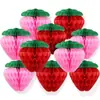 Bolo de Mel com Morango Decoração de Festa de Aniversário Infantil Arranjo com Fita de Flor Tema Frutas Lanterna de Papel de Mel com Morango